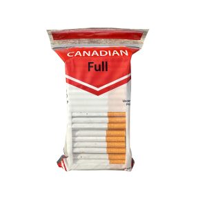 Canadian Full cigarettes, discount smokes, in a clear plastic bag with a red and white chevron design.