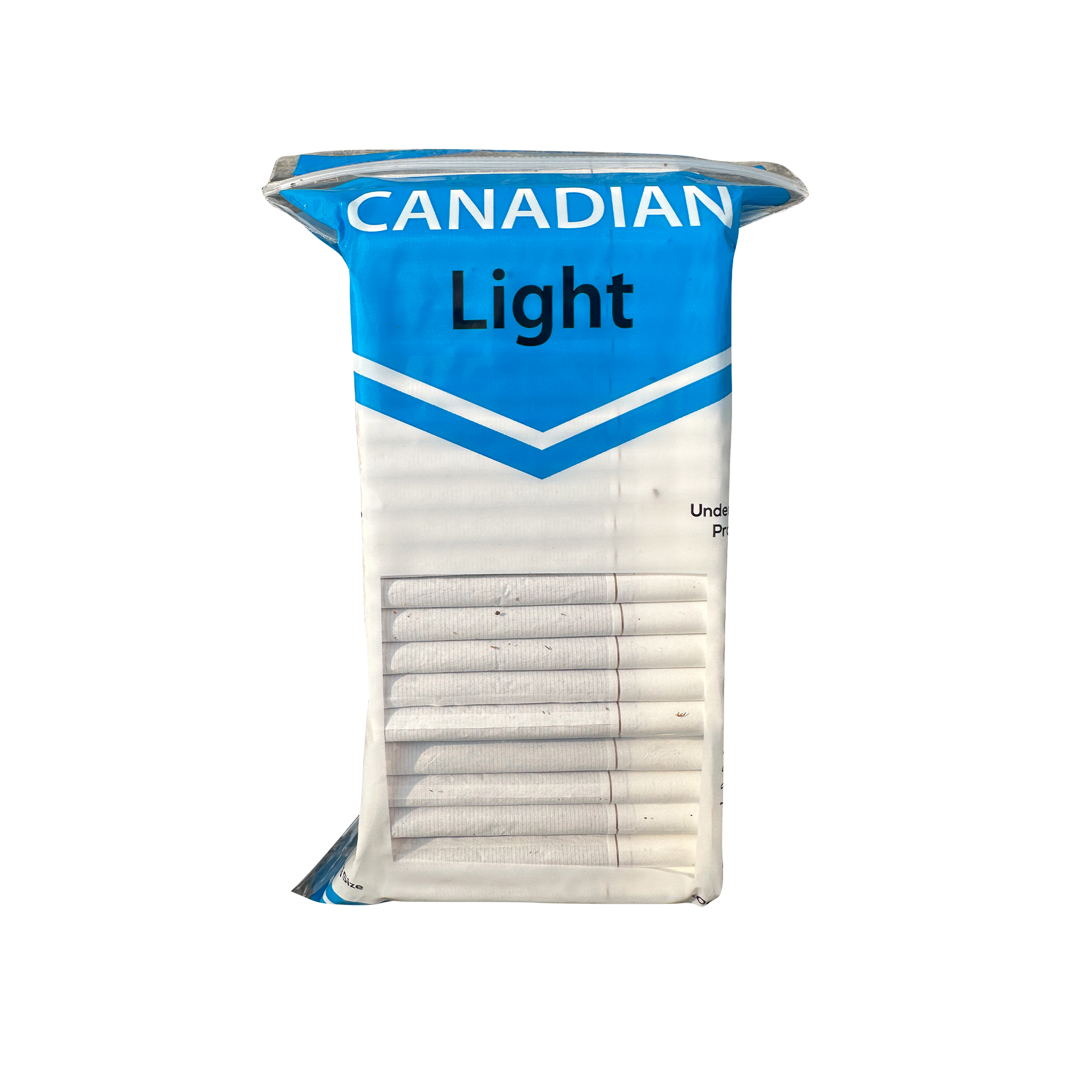 Image_20240626155447 Pack of Canadian Light cigarettes with blue and white branding and visible cigarettes through clear window.