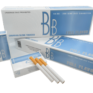 BB Full Flavor King Size cigarettes pack, Canadian Blend Tobacco, white and light blue design, 20 pack.