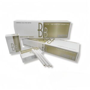 BB Lights Canadian king size cigarettes, white and gold packaging, two full packs and three loose cigarettes.