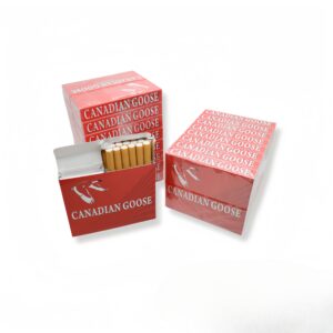 Canadian Goose King Size 25/pack cigarette carton with open pack revealing cigarettes, red packaging with goose logo.