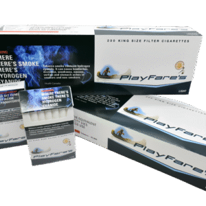 PlayFare's Light King Size Filter Cigarettes packaging with dreamcatcher and canoe design. Multiple packs shown.