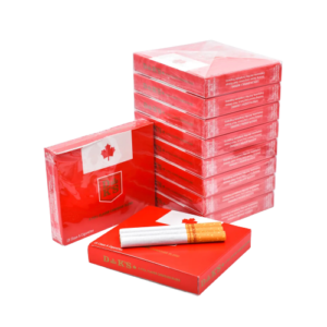 DK Full King Size cigarette packs stacked, red with Canadian maple leaf logo. Two cigarettes shown on open pack.