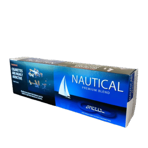Pack of Nautical Premium Blend 200 King Size Filter Cigarettes with blue design, white sailboat, and warning labels.