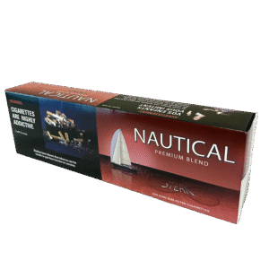Nautical Premium Blend cigarettes packaging, featuring a sailboat graphic and warning labels about addiction.