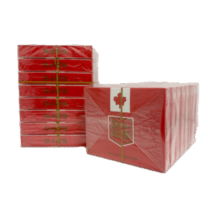 Stack of 25 DK Full King Size cigarette packs, red packaging with Canadian maple leaf logo.