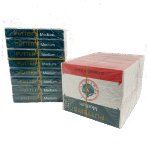 Stacks of Putter's Medium king size cigarette packs sealed in plastic, showcasing product appearance.