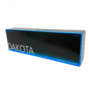 Dakota Lights King Size Cigarettes pack, 0% Additives - All Natural, glossy black with blue gradient.