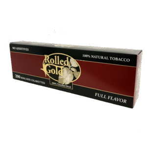 Rolled Gold Full Flavor king size cigarettes box, 100% natural tobacco, no additives, 200 count, 100% Canadian blend.