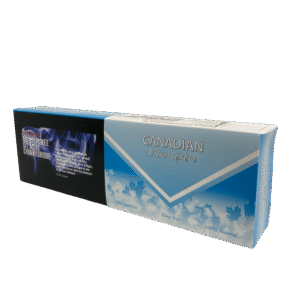 Canadian Ultra Light King Size cigarettes, 20-count pack. Blue and white Canadian packaging with maple leaf design and '100% Natural'.