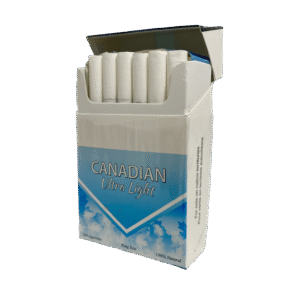 Canadian Ultra Light king size cigarettes, 20-pack. Blue & white packaging with clouds and maple leaf.