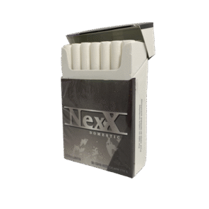 Dark gray Nexx Ultra Lights Canadian 20 king size cigarettes pack, open showing white filters. Text: For sale on native territories.