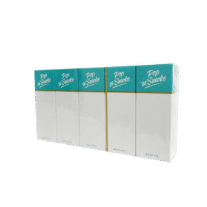 Six Pop N’ Smoke Menthol boxes displayed with teal tops and white bodies, showing product packaging.