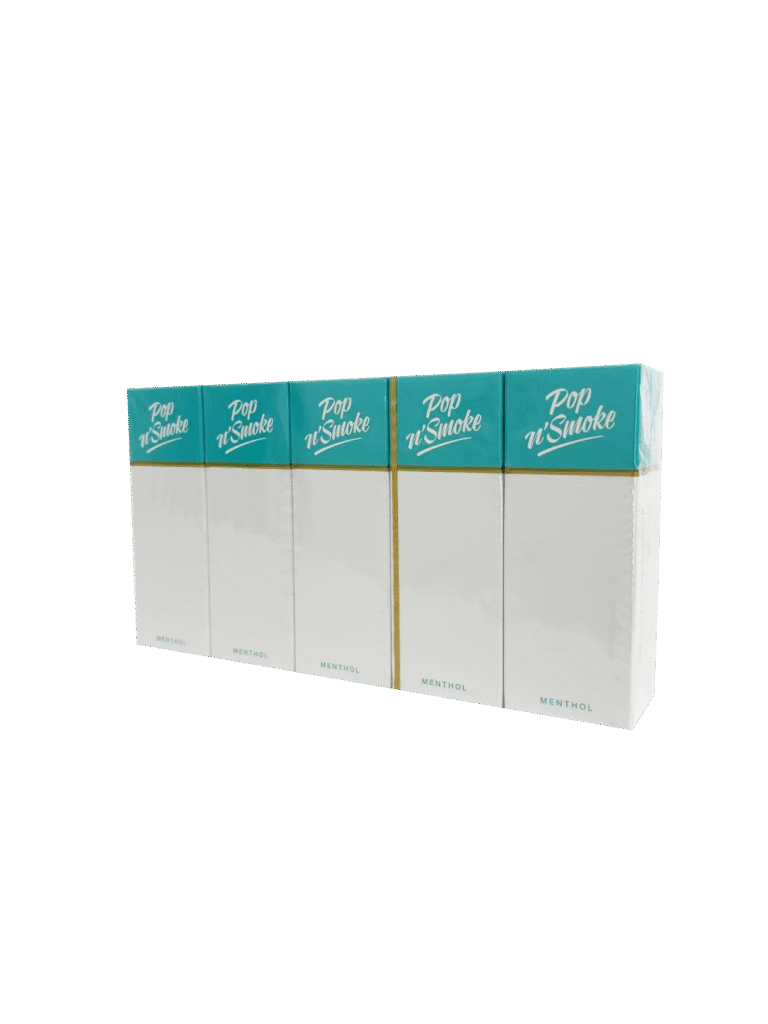 Six Pop N’ Smoke Menthol boxes displayed with teal tops and white bodies, showing product packaging.