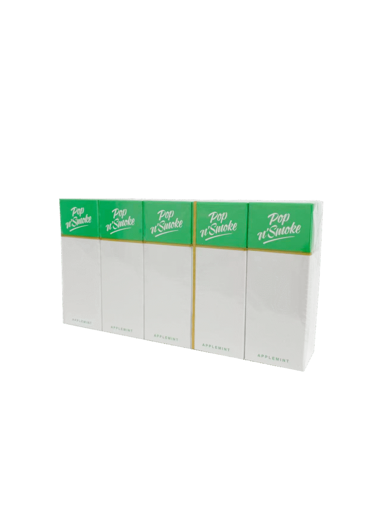 Pop N’ Smoke Applemint cigarette packs, showing white boxes with green tops and branding.