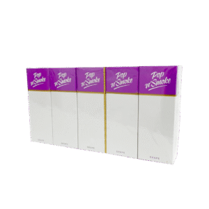 Pack of Grape Pop N' Smoke boxes, featuring purple tops and white bodies with gold accents, sealed in plastic packaging.