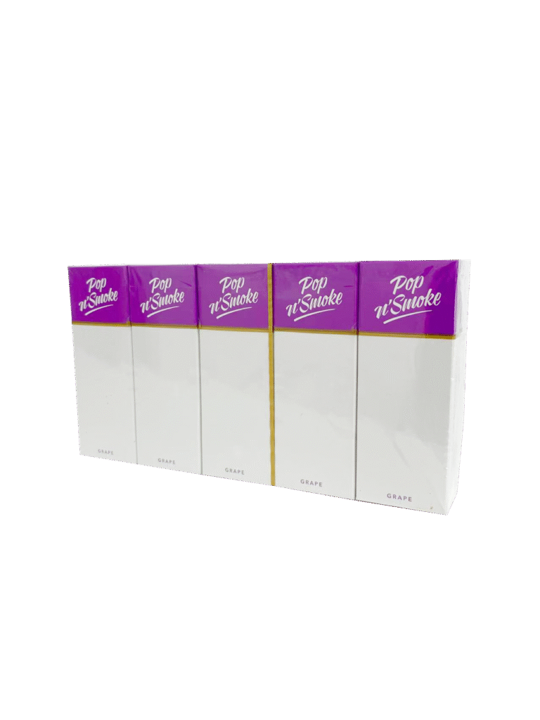 Pack of Grape Pop N' Smoke boxes, featuring purple tops and white bodies with gold accents, sealed in plastic packaging.