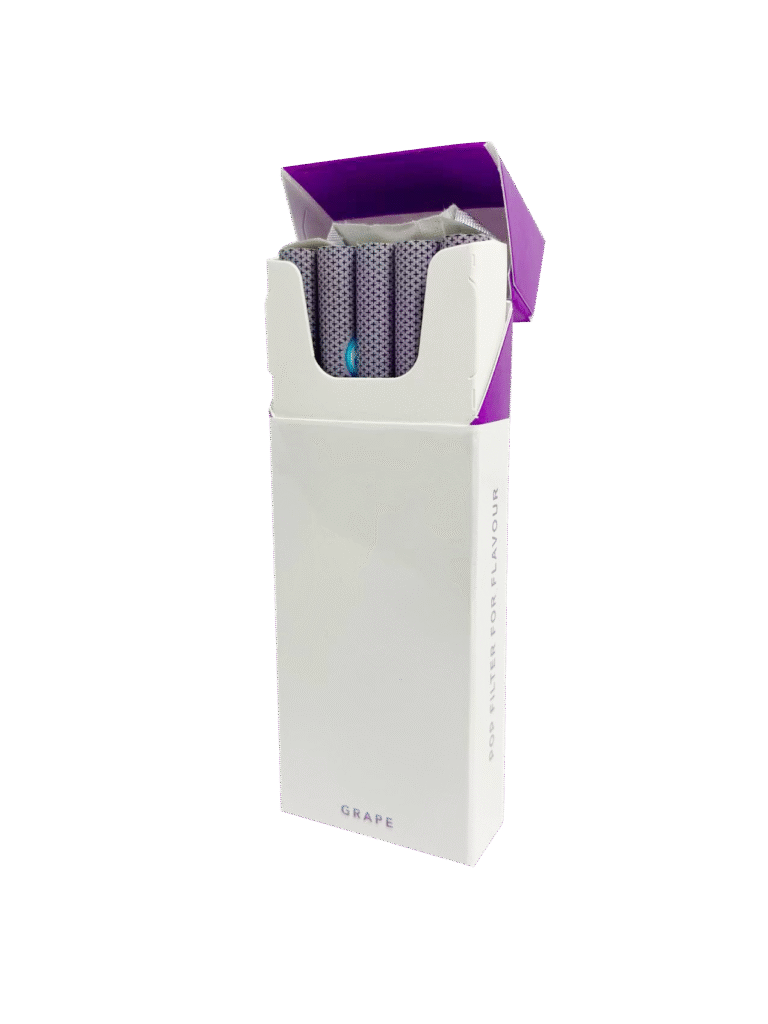 Open pack of 10 Grape Pop N' Smoke filters, featuring purple patterned wraps and a white box with grape flavor text.