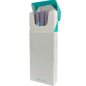 Pop N’ Smoke Menthol filter pack open, revealing filters with purple tips inside white packaging with teal accents.