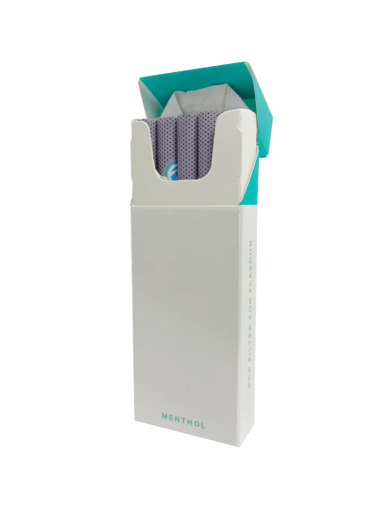 Pop N’ Smoke Menthol filter pack open, revealing filters with purple tips inside white packaging with teal accents.