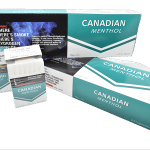 Canadian Menthol King Size cigarettes with teal and white packaging, featuring health warnings.