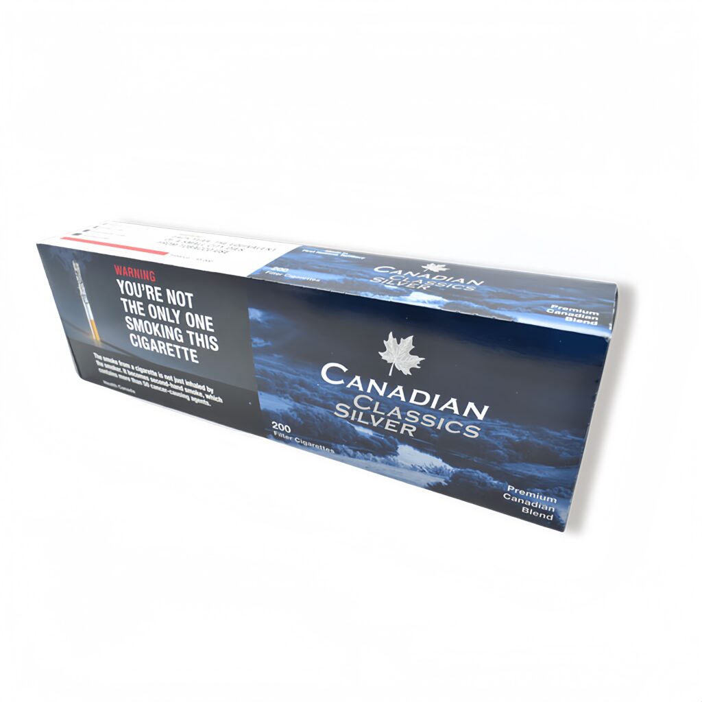Canadian Classics Silver 200 Filter Cigarettes pack with mountain and sky design. Product packaging shown.