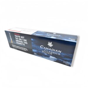Canadian Classics Silver 200 Filter Cigarettes pack with mountain and sky design. Product packaging shown.