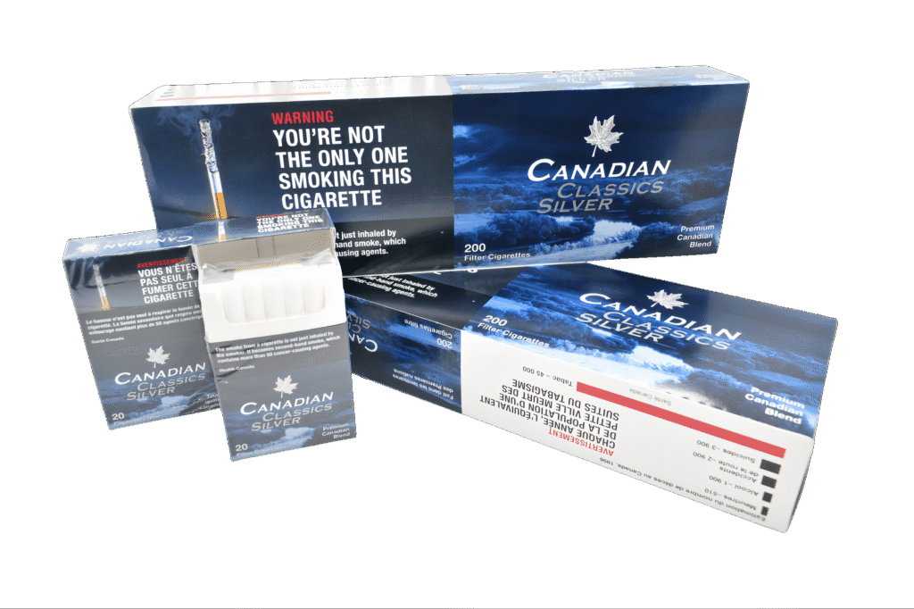 Canadian Classics Silver 200 Filter Cigarettes packs with mountain sky design, product packaging.