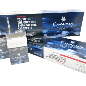 Canadian Classics Silver 200 Filter Cigarettes packs with mountain sky design, product packaging.
