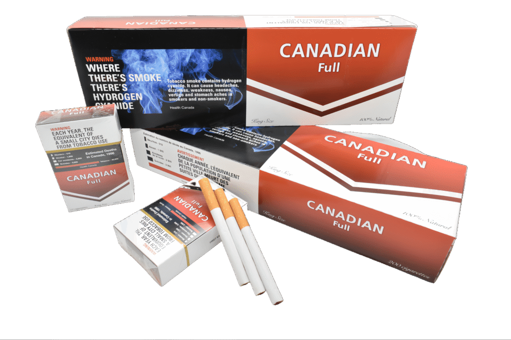 Canadian Full King Size cigarettes packaging in red and white. Three cigarettes shown. Health warnings visible on boxes.