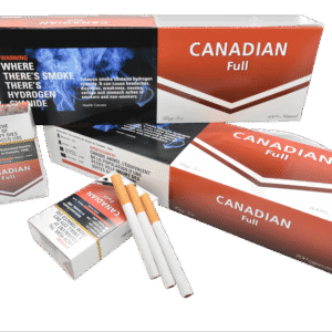 Canadian Full King Size cigarettes packaging in red and white. Three cigarettes shown. Health warnings visible on boxes.