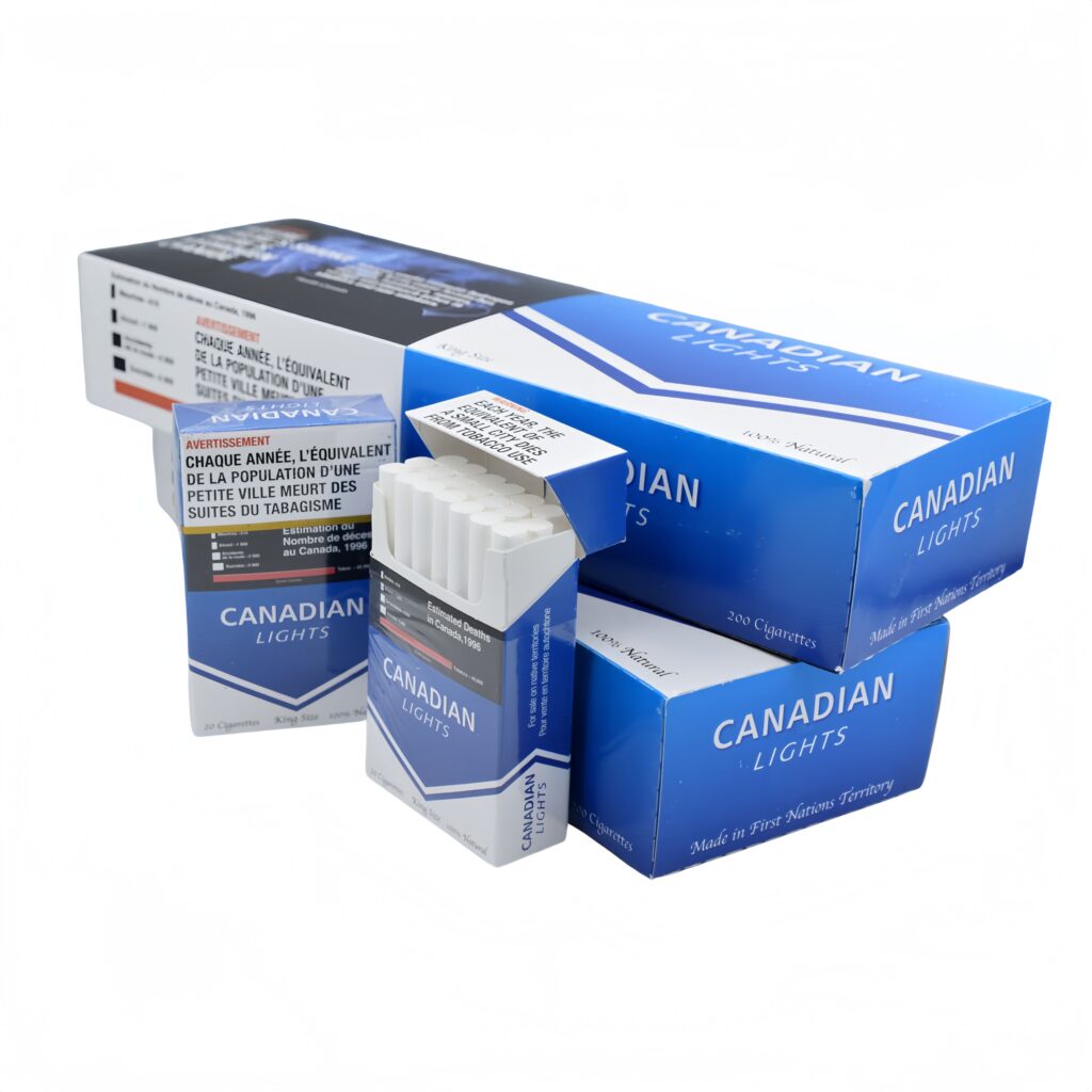 Canadian Lights king size cigarettes king size 200 cigarettes pack with open box showing filters, blue and white branding.