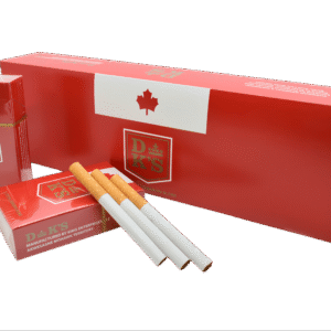 DK's Full (20/Pack) packaging with red boxes, gold lettering, Canadian maple leaf, and three loose cigarettes.