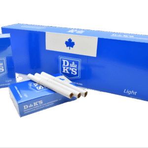 DK's Light cigarettes, royal blue packaging with Canadian maple leaf and brand logo.