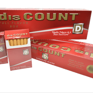 Discount Full Flavor Canadian Blend King Size Cigarettes in red boxes, one open showing cigarettes. Product packaging.