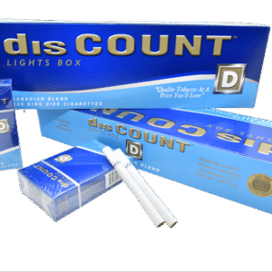 Discount Lights king size cigarettes packaging in blue and gold, showing multiple pack sizes.