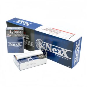 Nexx Domestic Lights Canadian cigarettes: two packs and one opened pack with loose cigarettes, blue and white packaging.