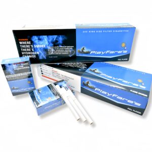 PlayFare Full Flavor Canadian cigarettes pack and loose cigarettes, blue design, warning labels.