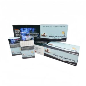 PlayFare's Ultra Light Canadian King Size Filter Cigarettes pack with blue/black design, canoe graphic, open to show contents.