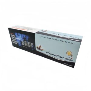 PlayFare's Ultra Light 200 King Size Filter Cigarettes packaging with blue and black design.