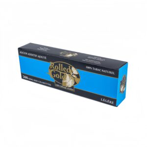 Rolled Gold Light cigarettes pack, blue and black design, 200 king size, no additives, 100% natural tobacco.
