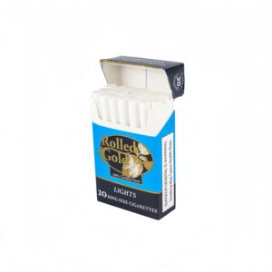 Open pack of Rolled Gold Light cigarettes showing 20 king size with Canadian blend tobacco.