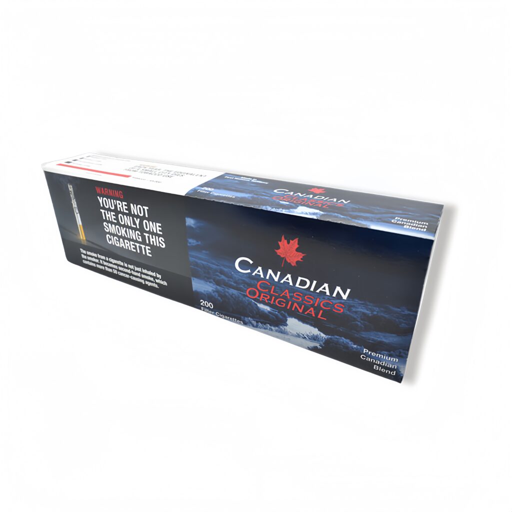 Canadian Classics Original 20 filter cigarettes pack. Features a red maple leaf logo and 'Premium Canadian Blend' text.