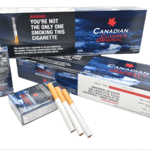 Canadian Classics Original cigarette packs and loose cigarettes with red maple leaf logo and premium blend text.