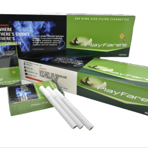 PlayFare Menthol King Size Filter Cigarettes packaging. Green boxes with canoeist graphic and health warnings.