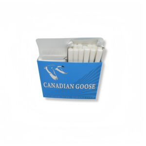 Open pack of Canadian Goose Lights king size cigarettes showing 25 white cigarettes and blue packaging with silver goose.