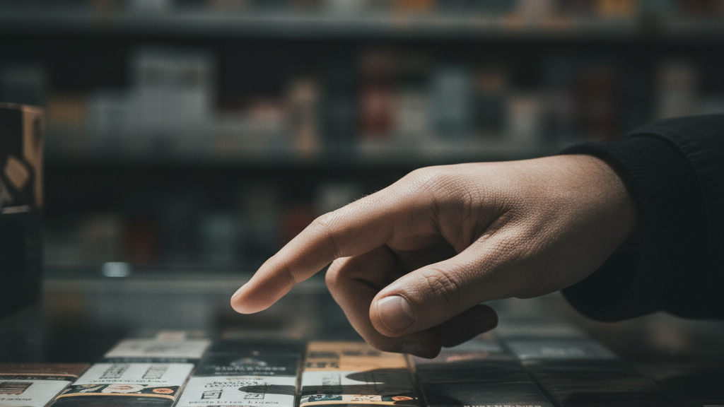 Person's hand reaching toward display of various cigarette packages and tobacco products arranged on dark retail counter surface.