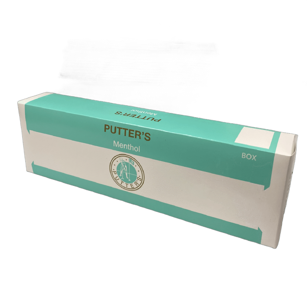 Putter's Menthol 20 cigarette pack, teal and white box with gold lettering and golfer logo.