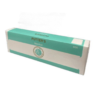 Putter's Menthol 20 cigarette pack, teal and white box with gold lettering and golfer logo.