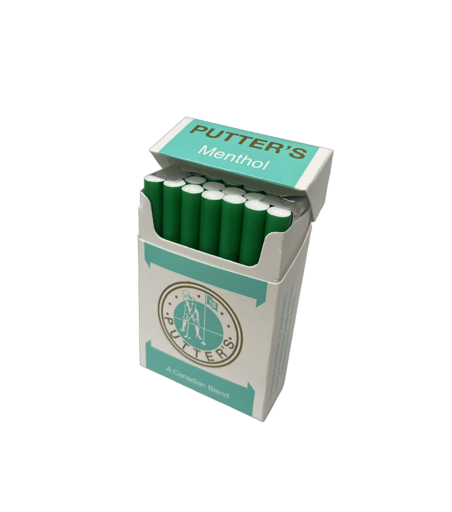 Putter's Menthol 20 cigarettes pack. White and teal design with golfer logo and gold lettering.
